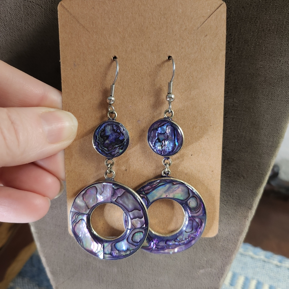 Vintage Purple Abalone Shell and Silver Alpaca Mexico Stamped Dangle Earrings